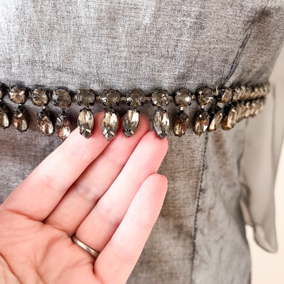 Jessica McClintock Silver Beaded Taffeta Mermaid Maxi Dress Size 12 Fairy - Picture 8 of 16